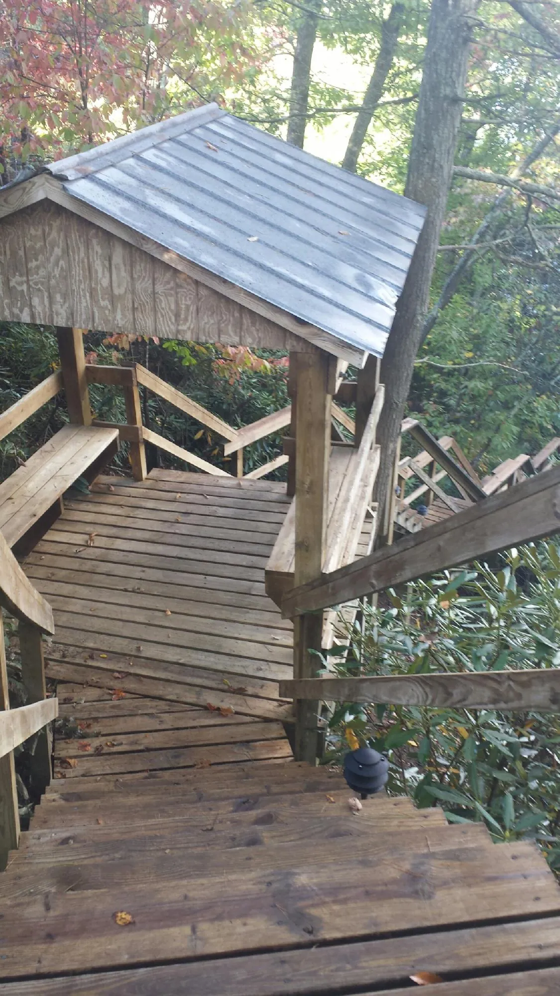 Metal roofed shelter over wooden steps on a wooded walkway — Skylight Repair & Installation work by our crew in Berrien Springs